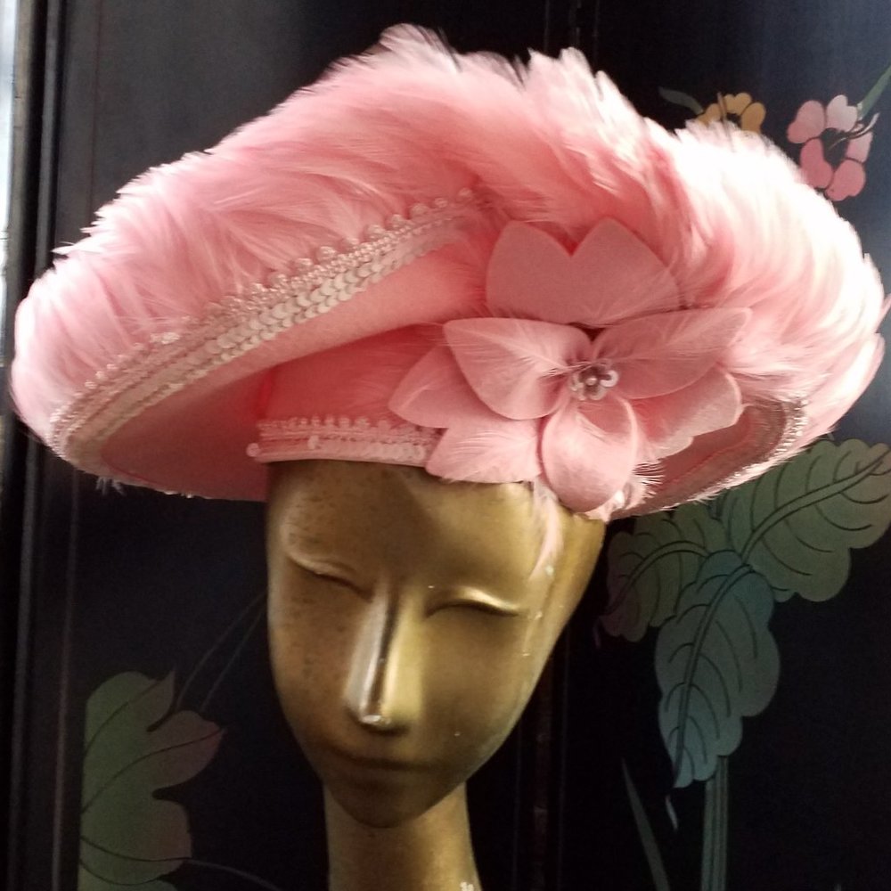 Vintage Wool Felt and Feather Pink Hat